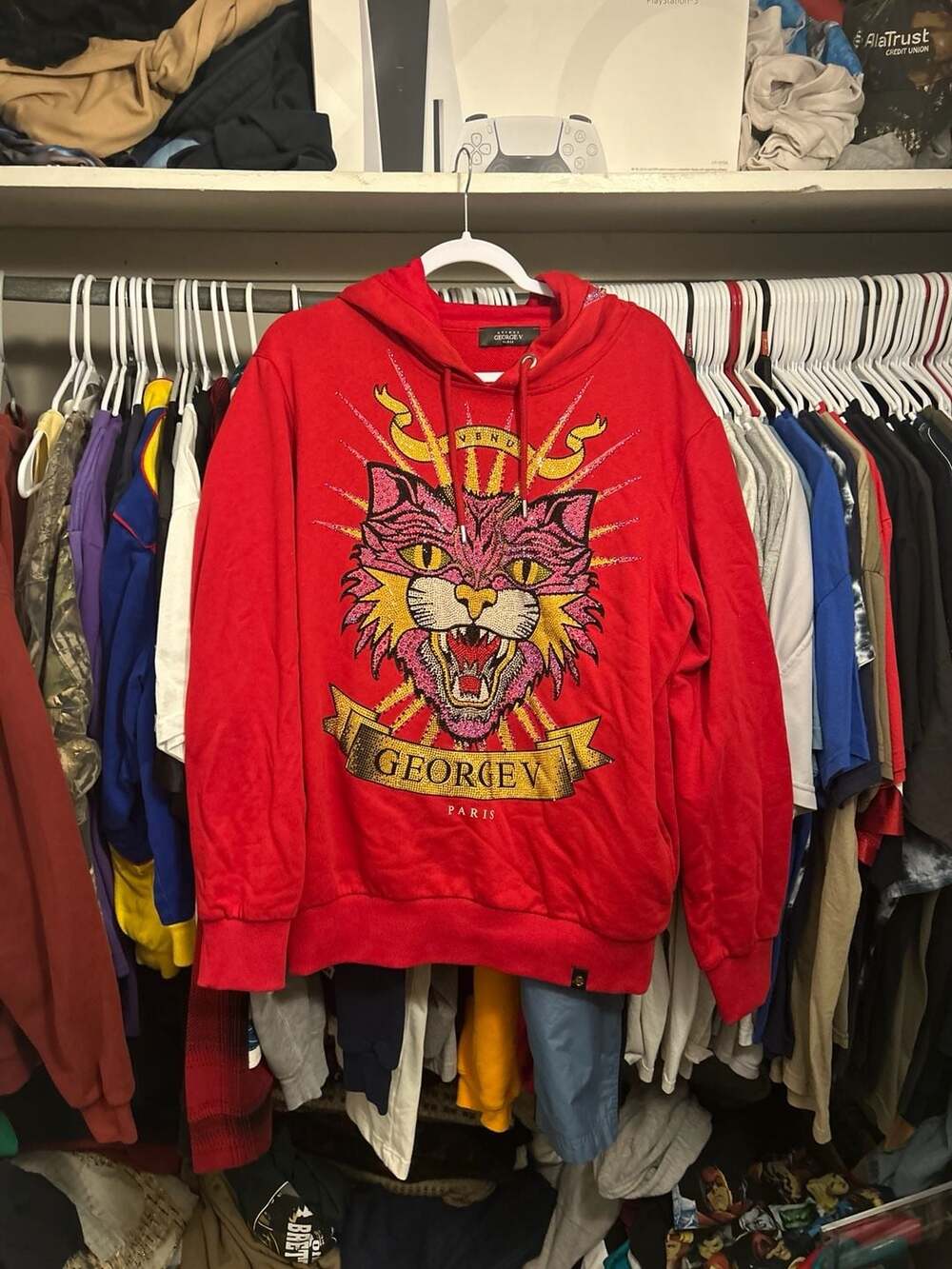 Avenue George V Paris Red Crystal Rhinestone Angry Cat Hoodie